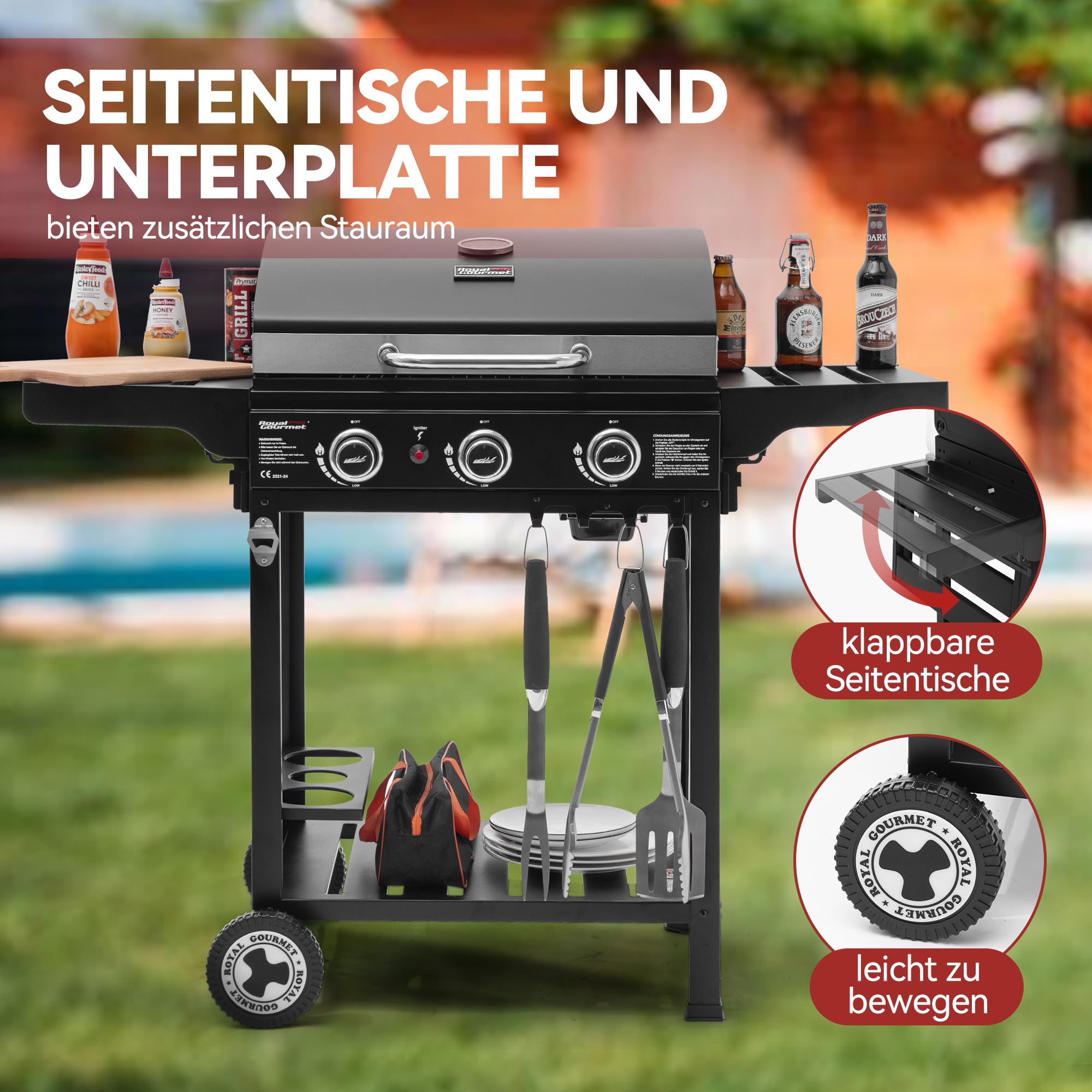 Royal Gourmet Gasgrill Grillwagen 3 Brenner 9 kW schwarz
