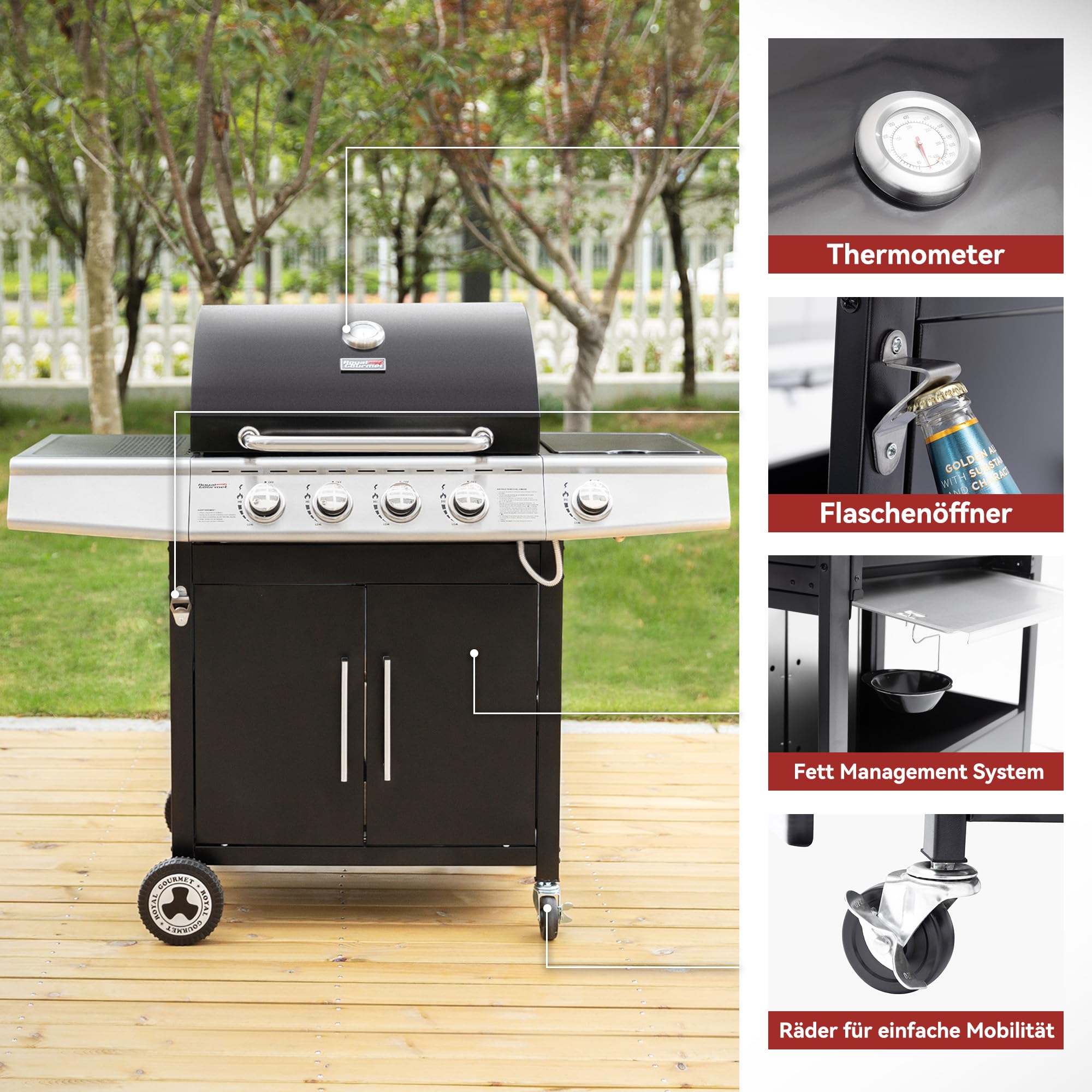 Royal Gourmet 4+1 Brenner Gasgrill Schwarz 14,5 kW mit Seitenkocher