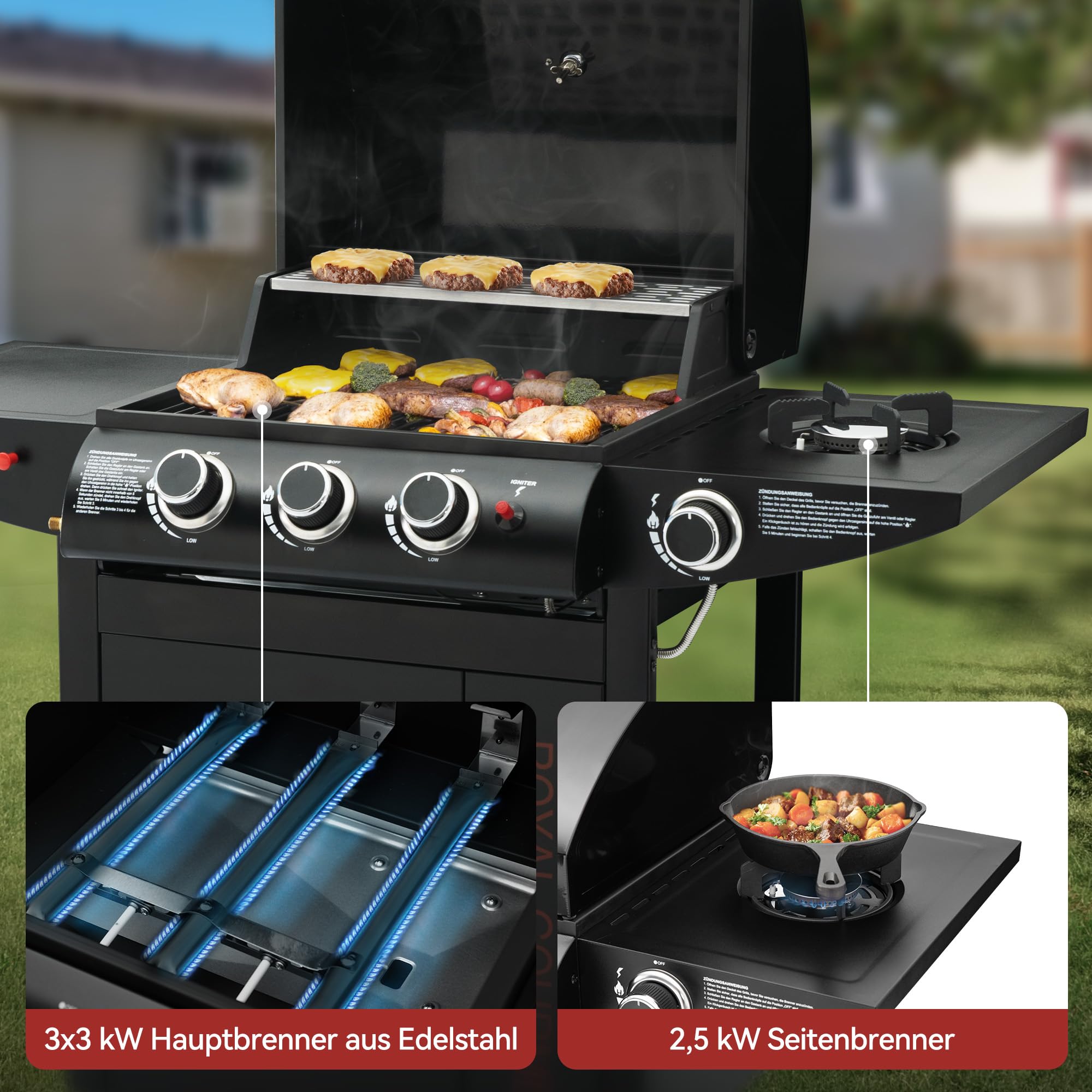 Royal Gourmet Gasgrill 3+1 Brenner 11,5kW schwarz