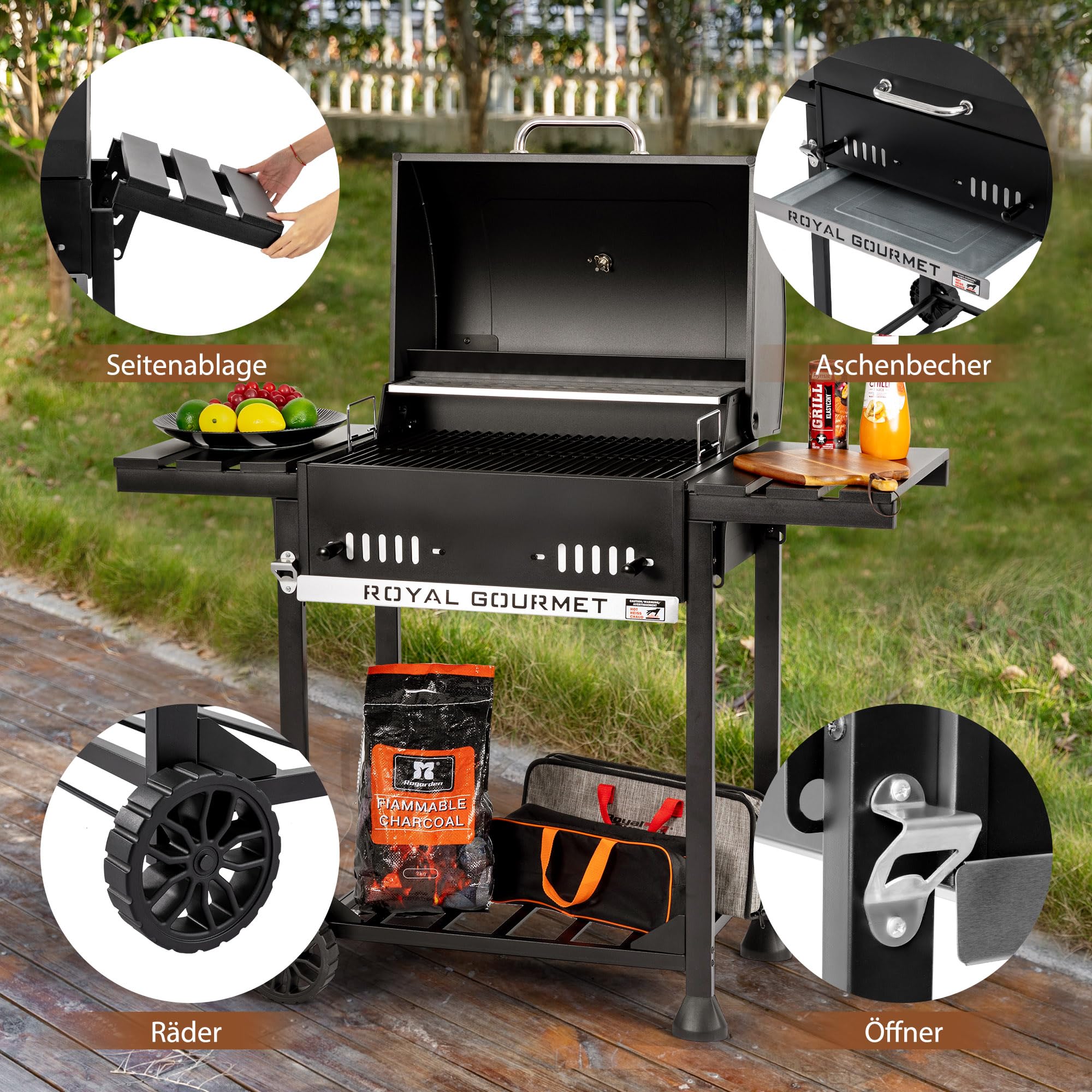 Royal Gourmet Holzkohlegrill Smoker 2 Ablagen schwarz