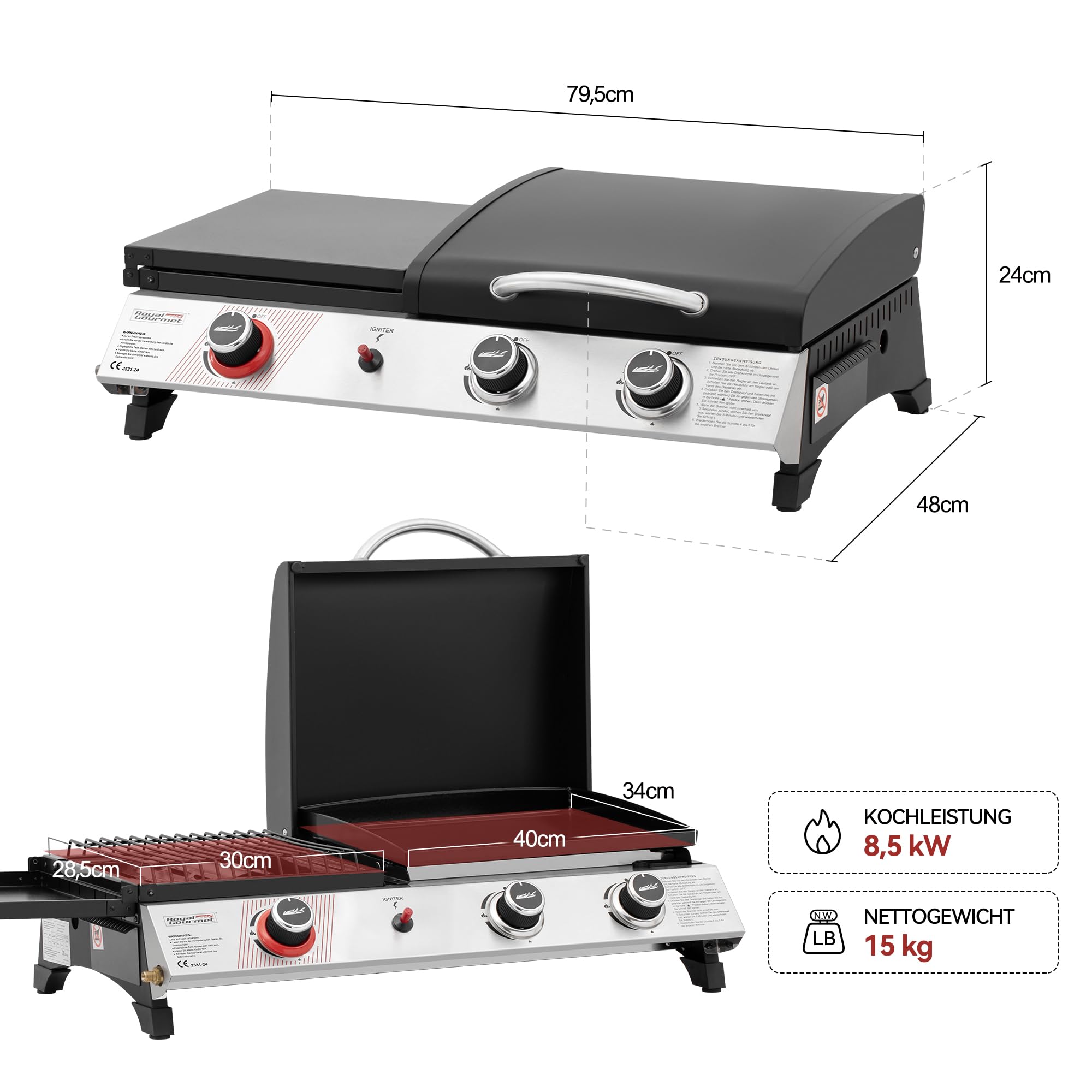 Royal Gourmet Gasgrill 3in1 Tischgrill 8,5kW schwarz
