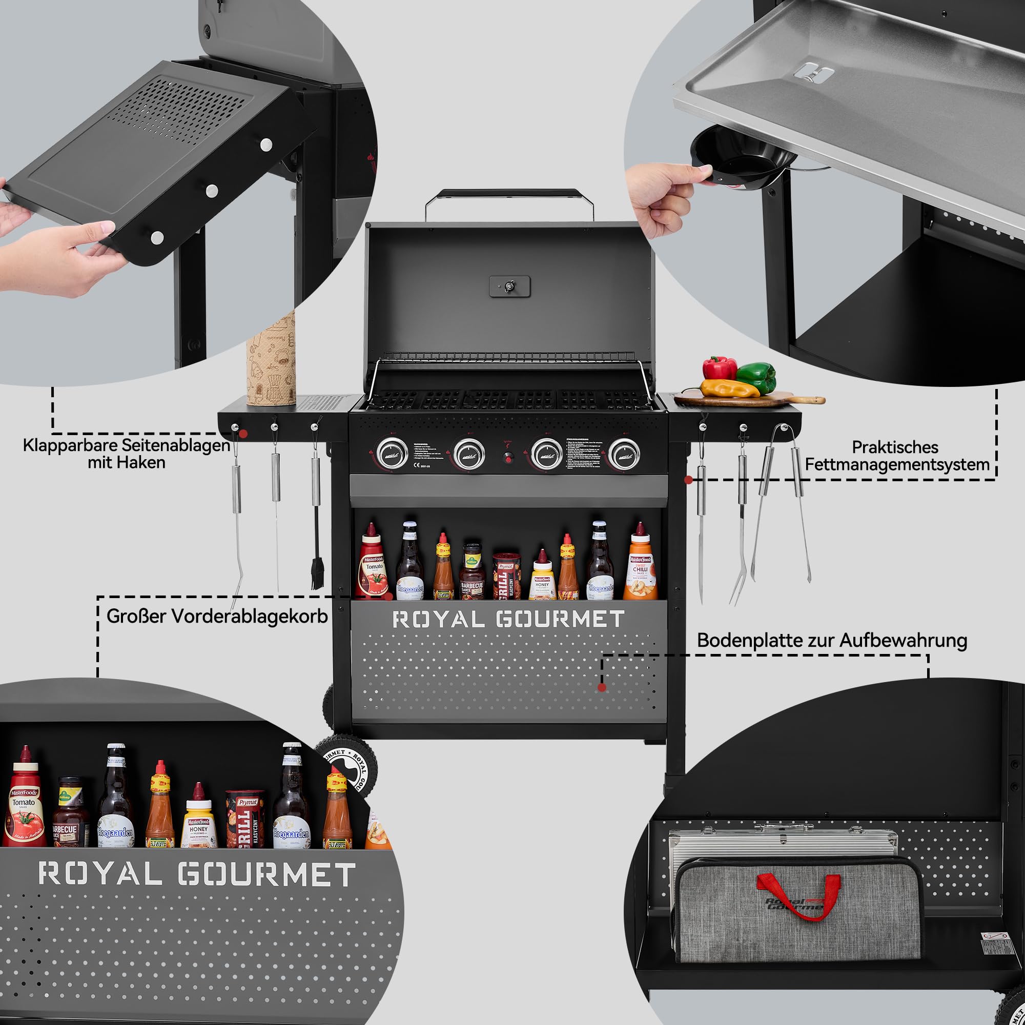 Royal Gourmet Gasgrills Grillwagen 4-Brenner 10 kW klappbar