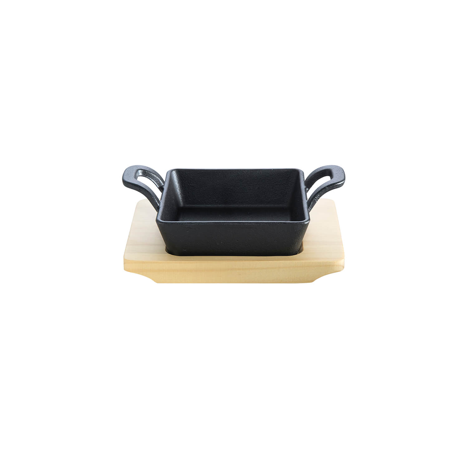 AllGrill Gusseisen Pfännchen quadratisch 14x14 cm mit Holzuntersetzer