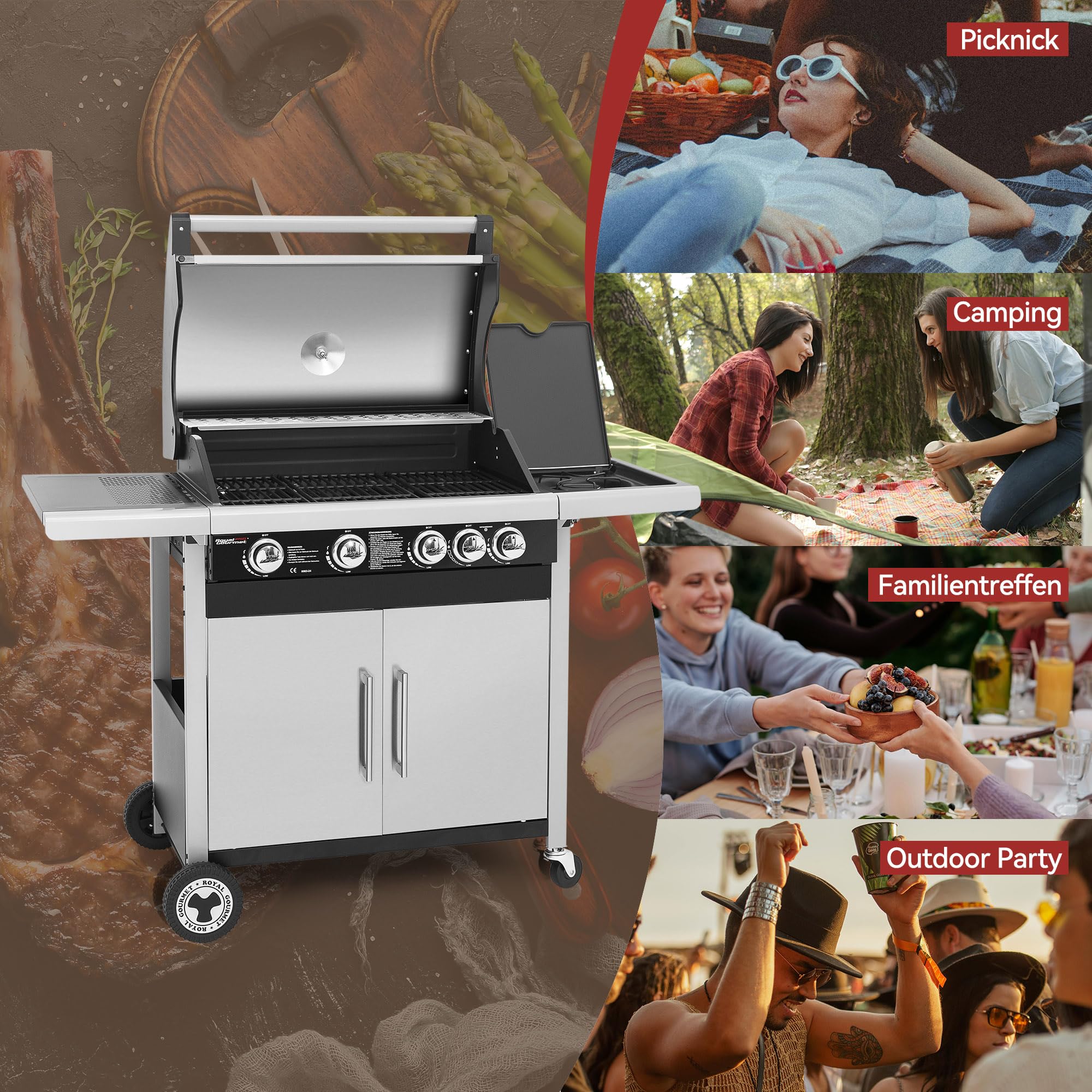 Royal Gourmet Gasgrill 4+1 Brenner Silber 14,5 kW