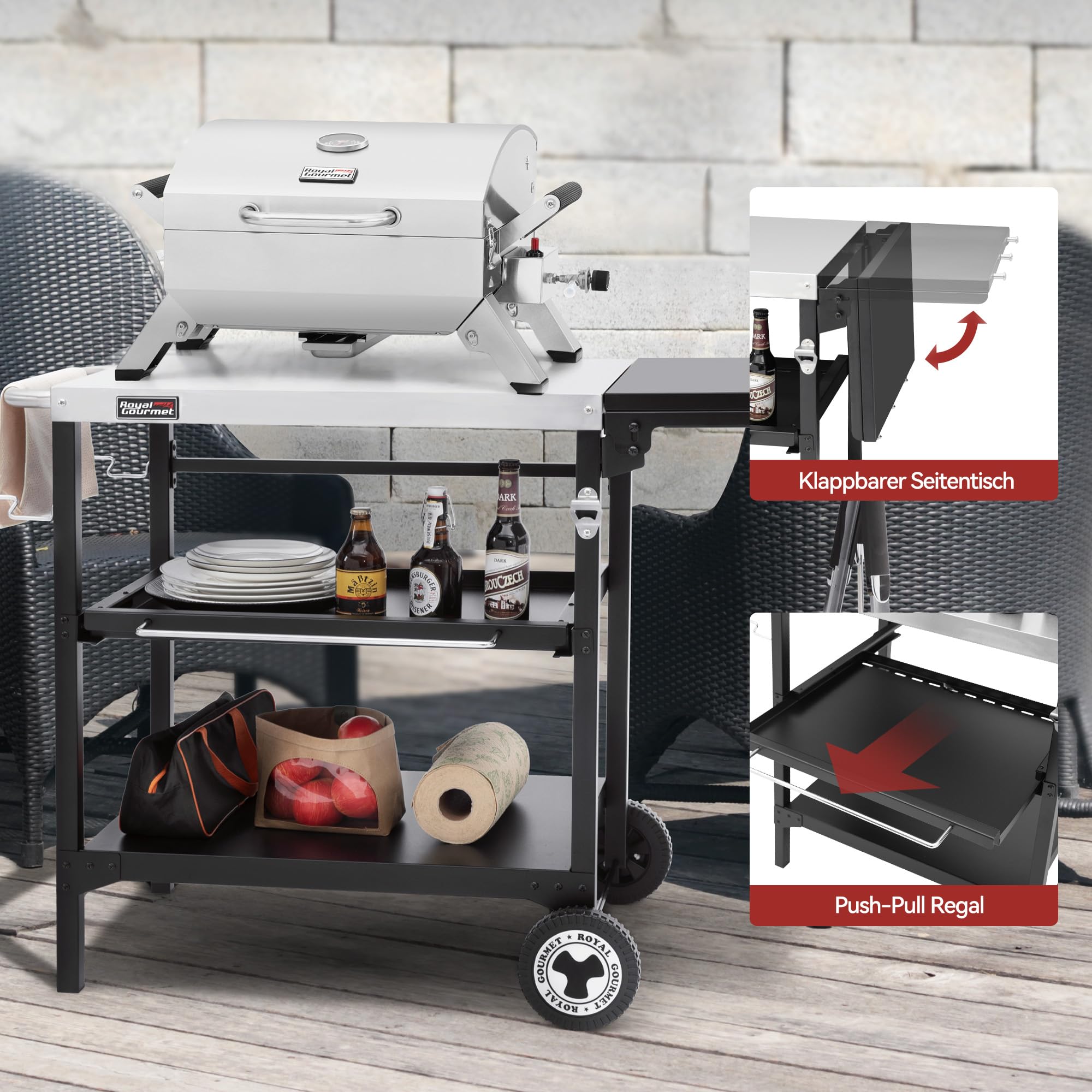 Royal Gourmet Grilltisch Servierwagen Edelstahl 100x50 cm 3-etagig