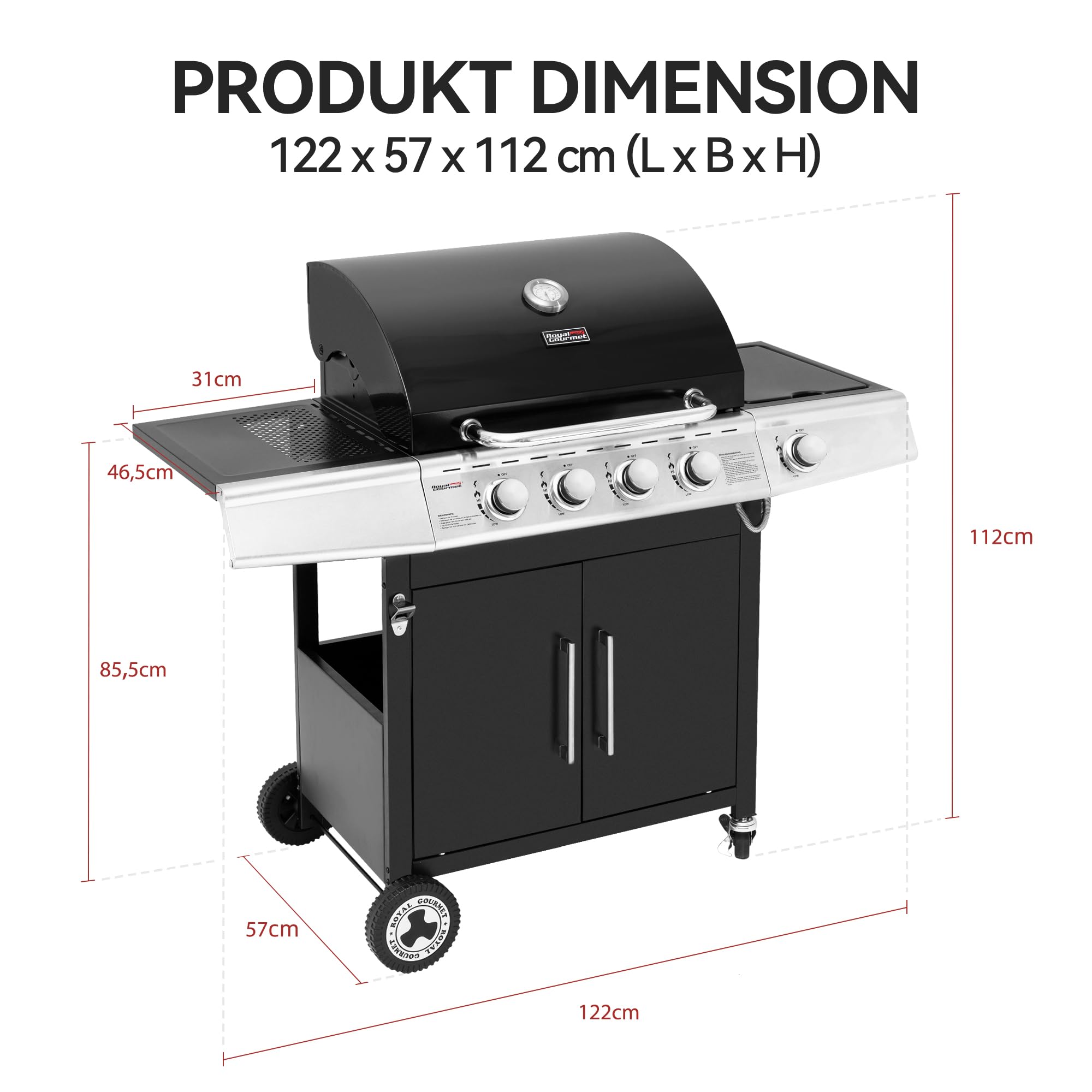Royal Gourmet 4+1 Brenner Gasgrill Schwarz 14,5 kW mit Seitenkocher